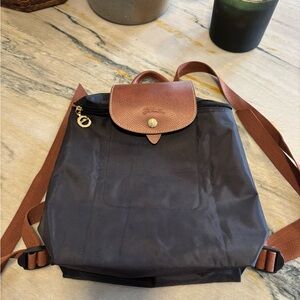 Longchamp Le Pliage Backpack – Black Nylon with Brown Leather Trim